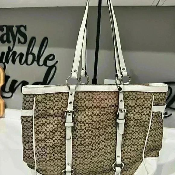 Handbags - Coach Brown White Jacquard Leather Signature Tote Purse Shoulder Bag
